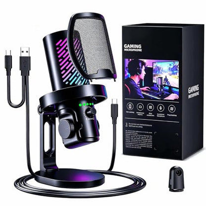 CG1 RGB Condenser Microphone Plug & Play, Noise Cancellation, Mute,Computer/Mic Monitoring Balance Adjustment, Headphone Jack, Desktop Stand for Gaming, Streaming, Podcasting, PC/Type-C Phones