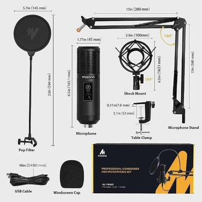 MAONO USB Recording Microphone Kit, Professional Condenser Microphone for PC with One-Touch Mute and Mic Gain Knob for Singing, Podcast, Studio, Streaming PM421