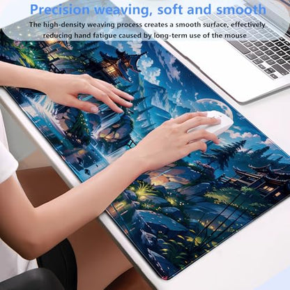 Pagoda Landscape Desk Pad, Large Extended Keyboard Mousepad 31.5x15.7 | Aesthetic mystical forest desk mat featuring comfortable 3mm padding, premium glides, and reliable grip base. - color: Full Moon