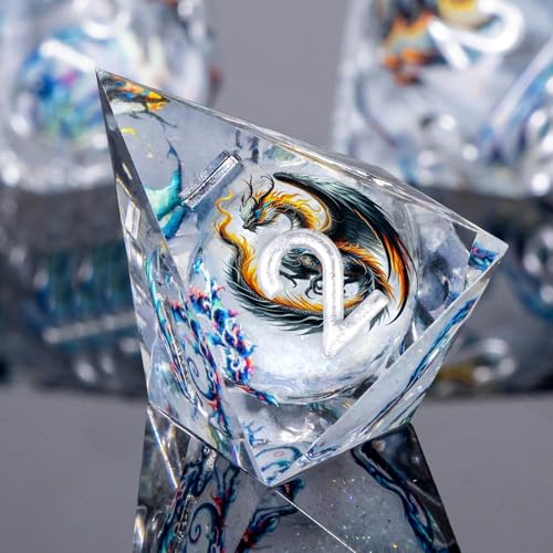 Roycevon Dragon Pattern Liquid Core DND Dice Set, 7Pcs Sharp Edge D&D Dice with Gift Box, White Resin Dungeons Dragons D and D Role Playing Dice D20 D12 D10 D8 D6 D4 - color: White