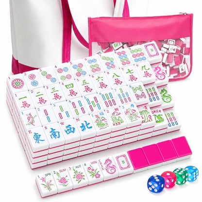 Soulchen 1.2 Inch American Mahjong Tile Set, 168 Engraved Mahjong Tiles with Tile Bag, Portable Canvas Tote Bag & 4 Dice - for Beginners & Enthusiasts Adult Game Collection Gift (Hot Pink, Modern)