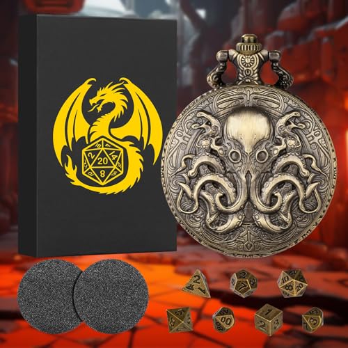 Mini DND Dice Set with Steampunk Double Eyed Octopus Pocket Watch Case, Tiny 7PCS Polyhedral Metal D&D Dice, DND Gifts with Gift Box, Role Playing Game Board Game Accessories Dice, Bronze - color: Bronze