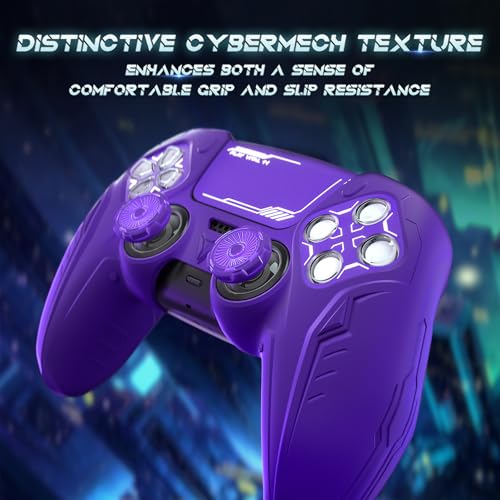 PlayVital 2 Pack Silicone Skin Set for PS5 Controller - Charging Dock Compatible, Full Protection Case with Futuristic CyberMech Design, Soft Cover with Thumb Grips & Stickers - Purple - color: 2 Purple