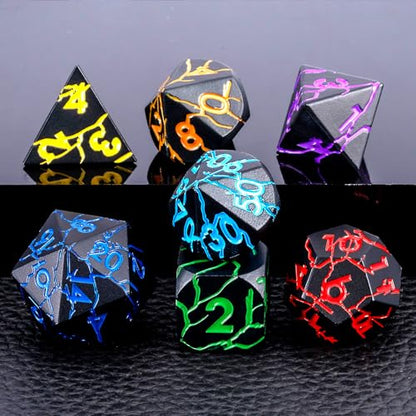 D&D Metal Dice Dungeons and Dragons Metal Dice Set with Cracks, Polyhedral Dice Set for RPG TTRPG D&D Die with Gift Case - color: Black and Coloured Cracks