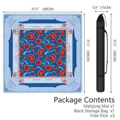 Mahjong Mat for Table with Carrying Bag & 3 Dice, Blue Red Floral 31.5"x31.5" Square Rubber Mahjong Table Cover, Non-Slip & Noise Reduction Gaming Mat for Mah Jongg, Poker, Dominoes & Tile Games - color: Blue and Red
