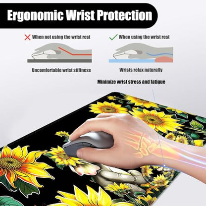 Mouse Pad,Large Desk Mat Set, 4in1 XL Mousepad + Keyboard Wrist Rest+Mouse Wrist Rest+Coaster with Ergonomic Desk Pad for Home Office Table Computer Cover -Elephant with Sunflowers - color: Elephant with Sunflowers