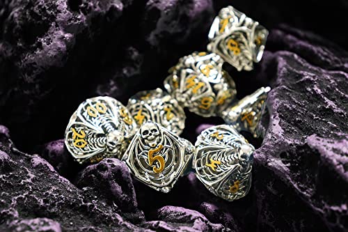 Metal DND Dice Set Skull Dungeons and Dragon Dice Set Hollow Polyhedral Magic 7 PCS Dice Set with Gift Metal Box for Dungeons and Dragons Table Games Play Cards MTG(Skull_Ancient Silver and Gold) - color: Skull_ancient Silver Plus Gold