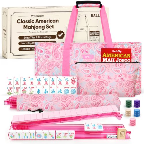 BALE ® Original American Mahjong Tile Set with Complete Game Accessories | 166 Pink Engraved 1.2" Mah Jongg Tiles, 4 Acrylic Racks Pushers,3Pcs Printed Majong Carrying Bags, Travel Family Friend Club - color: Printed Pink