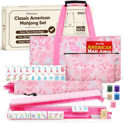BALE ® Original American Mahjong Tile Set with Complete Game Accessories | 166 Pink Engraved 1.2" Mah Jongg Tiles, 4 Acrylic Racks Pushers,3Pcs Printed Majong Carrying Bags, Travel Family Friend Club - color: Printed Pink