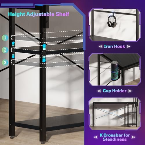 42" L-Shaped Gaming Desk with Power Outlets LED Lights, Black | Reversible Design, LED Lights, 4-Tier Storage Shelves, Headphone Hook, Foldable Cup Holder, Home Office, Small Space - color: Black, size: 42 Inch