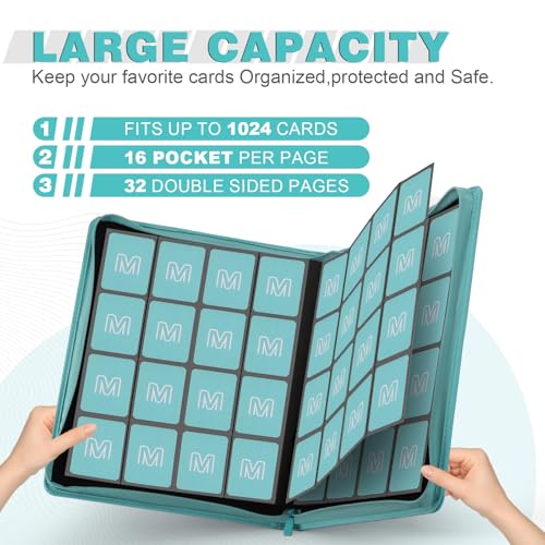 Premium Card Binder 16 Pocket,Trading Card Binder Holds up to 1000+Cards Sturdy Card Collection Album, Card Holder Folders for MTG, TCG, Game Cards & Sports Cards - color: 16Cyan