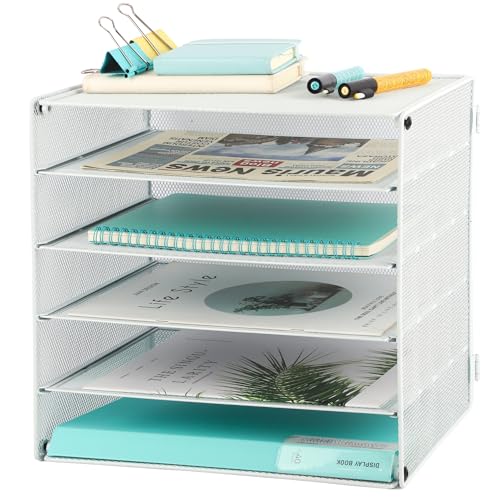 5 Slot Mesh Desk Organizer Tray, File Paper Letter Folder Holder Desktop Paper Sorter Mail Organization Rack Storage Accessories, for Office Home School Classroom, White - color: 5 Tier White