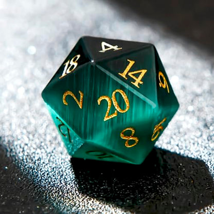 1PCS Gem D20 DND Dice - 25mm 20 Sided Crystal Cat Eye D&D Dice for Dungeons and Dragons, RPG, Roleplaying Games MTG Table Games, Handmade Polyhedral Dice (Green Cat Eye) - color: Cat Eye-green