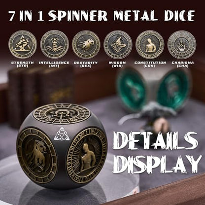 7-in-1 메탈 DND 주사위 스피너 큐브, 테이블 탑 RPG용 3D 릴리프, 던전 마스터 및 플레이어를 위한 선물 상자 (블랙 브론즈) - color: 블랙 브론즈