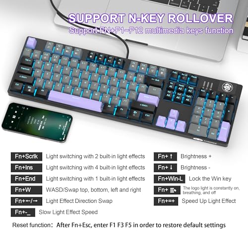 MageGee Mechanical Gaming Keyboard, Wired USB RGB Backlit Keyboard, 104-Key 100% Anti-Ghosting Mechanical Keyboard with Red Switches, Side-Printed Keycaps for Windows PC & Mac - color: Twilight Purple red switch