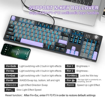 MageGee Mechanical Gaming Keyboard, Wired USB RGB Backlit Keyboard, 104-Key 100% Anti-Ghosting Mechanical Keyboard with Red Switches, Side-Printed Keycaps for Windows PC & Mac - color: Twilight Purple red switch
