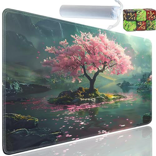Playmat for MTG, 24x14 Inches Playmats, for TCG and CCG Trading Card Game Mat, Non-Slip Rubber for MTG Playmats with A Storage Bag and 6 Dice Set, Pink Tree of Life Pattern - color: Yu-Playmat-1-C76