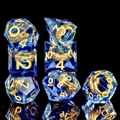 Ring DND Dice Set Sharp Edge Resin Dice,Golden Ring Inclusion Suitable for Lord of the Ring D&D Dice RPG Role Playing Games Suitable for Dungeons and Dragons Polyhedral Dice Set（Blue） - color: Blue