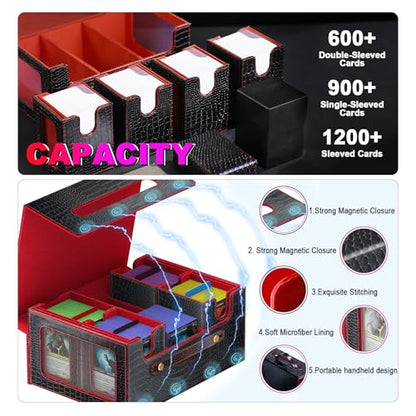 Commander Deck Box for MTG, 6-Deck Modular Card Case with Dice Tray, Holds 600+ Double-Sleeved Cards and 35PT Magnetic Card Holders for Trading Cards & TCG Collections Black/Red - color: Black&Red - Clutch Texture