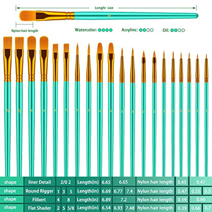 Paint Brushes Set, 20 Pcs Paint Brushes for Acrylic Painting, Oil Watercolor Acrylic Paint Brush, Artist Paintbrushes for Body Face Rock Canvas, Adult Drawing Arts Crafts Supplies, Green - color: Green