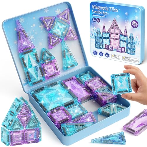 burgkidz Magnetic Travel Tiles for Kids 3-8: 42PCS Large & Small Ice Blue Purple Glitter Blocks – 2-in-1 Storage & Base – 90+ Min Quiet Play, 300+ Builds, 30s Cleanup – Car & Plane Toys for Girls - color: Blue