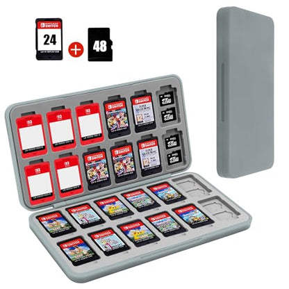 FYY Nintendo Switch Game Case Holder for Switch 2 Cartridge, Grey | 24 Game Card Slots & 48 Micro SD Card Slots, Hard Shell, Silicone Lining - color: B-Grey