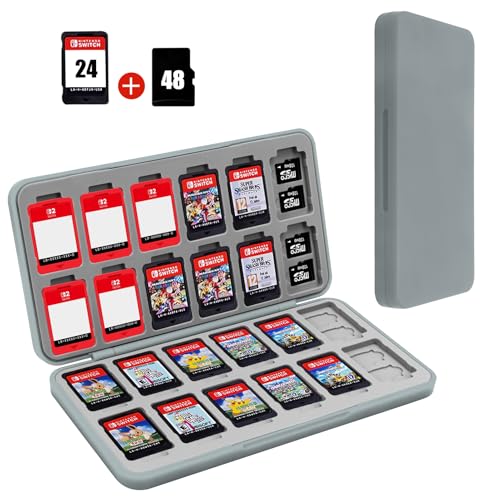 FYY Nintendo Switch Game Case Holder for Switch 2 Cartridge, Grey | 24 Game Card Slots & 48 Micro SD Card Slots, Hard Shell, Silicone Lining - color: B-Grey
