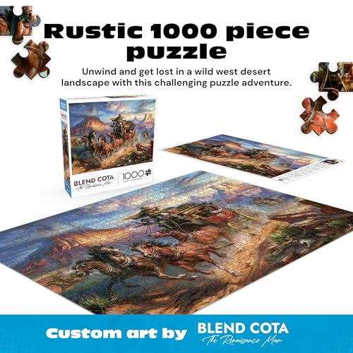 Buffalo Games – Blend COTA Wild Wild West 1000 Piece Jigsaw Puzzle, Western Action Art Puzzle for Adults in Premium Gift Box | Poster Included, Precision-Cut Fit, Drawer-Style Box, Wild West Stagecoach Chase, Adult Puzzles 1000 Pieces