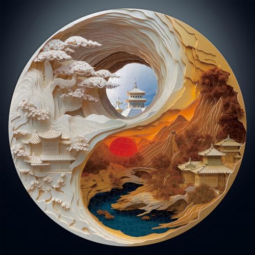 1000 Piece Round Jigsaw Puzzle for Adults, Yin Yang Asian Japanese Landscape 26.6in Difficult Impossible Puzzles with Letters on Back, Paper Cut Art Zen Home Decor - color: A-yin Yang Landscape