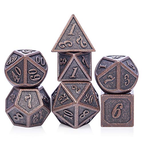 D&D Metal Dice Set, DNDND 7PCS Metallic Ancient Copper Dice with Metal Case for DND Dungeons and Dragons Table Games Roly Playing Rolling - color: Ancient Copper