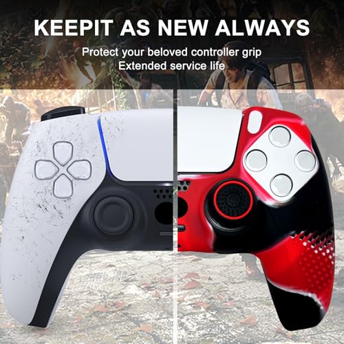 Anti-Slip Red&Black Controller Skin,Studded Edition Protective Silicone Cover Skin Grips Compatible with PS5/Slim/Pro Controller and 6 PCS Thumb Grips Caps. - color: Red & Black