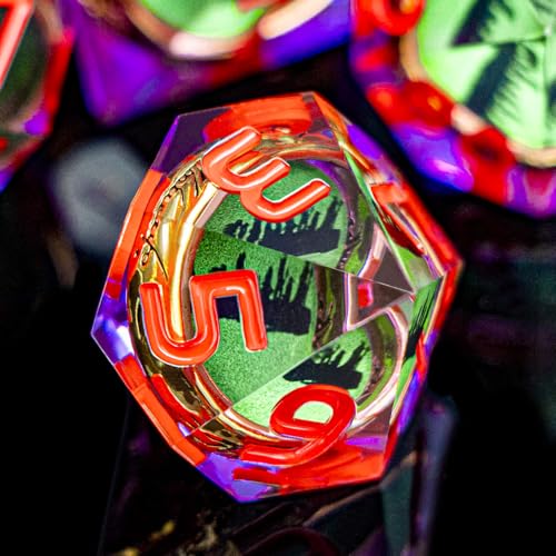 Magic Golden Ring DND Dice Set Sharp Edge Red Gaze Eye Resin Dice with Box, for use with RPG D&D Tabletop Games Lord D and D Polyhedral Dice Set - color: Ring -Eye-purple Red