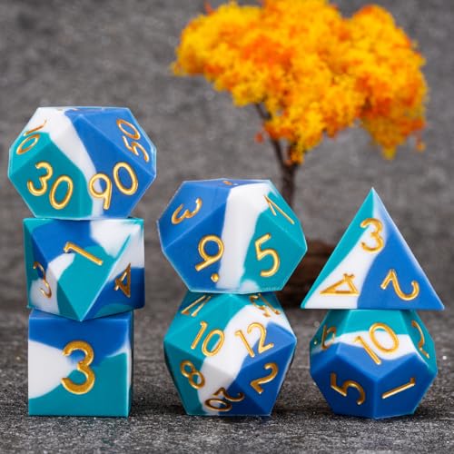 DND Silicone Rubber Polyhedral Dice,Sharp Edges D&D Dice Set 7pcs (D4, D6, D8, D10, D12, D20, D%) for Dungeons and Dragons, RPG, MTG for Ages 15 and Up - color: Royal Blue White Sky Blue