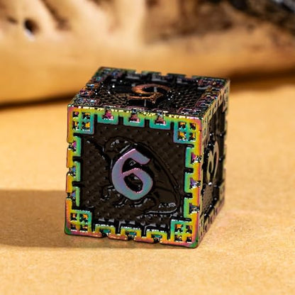 UDIXI Metal Dice Set D&D, Rainbow Metal DND Dice Set for RPG Tabletop Games | 7-Pieces, Dragon Carved, Chain-edge Design, Metal Gift Box, DM Gift, for Dungeons and Dragons Role Playing Games - color: Chain Frame-colorful Black