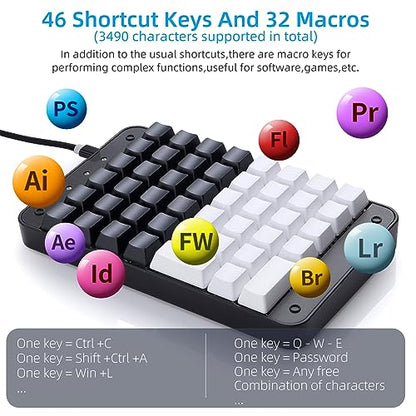 Koolertron One Handed Mechanical Gaming Keyboard with 32 Macro Keys, 46-Key Fully Programmable Mini Keypad, Mini USB Macro Keyboard for PC Gamers - style: 46 Keyboard