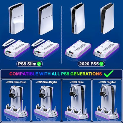 PS5 / PS5 Slim Cooling Station with Controller Charging Station - LED Light Cooling Stand for Playstation 5 Slim Disc/Digital Console, Accessories Incl RGB Light/Cooler Fan/3 USB Hubs/Headset Holder