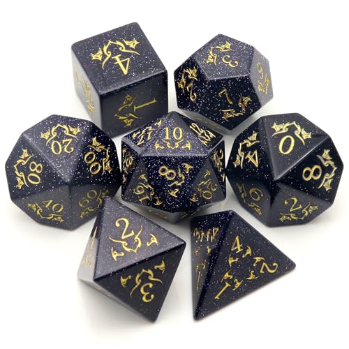 Haxtec Gemstone DND Dice Set Blue Sandstone Precious Gemstone Dice Set Compatible with Dungeons and Dragons TTRPG Gifts for Dungeons Masters Premium Dice Case DND Gifts - color: Dark Blue Gold