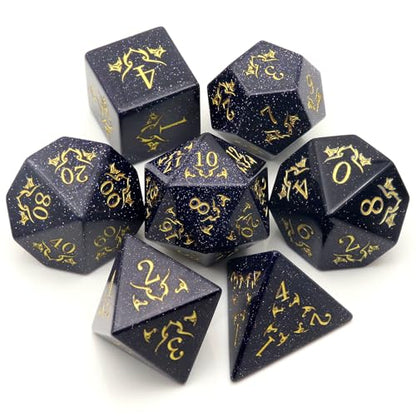 Haxtec Gemstone DND Dice Set Blue Sandstone Precious Gemstone Dice Set Compatible with Dungeons and Dragons TTRPG Gifts for Dungeons Masters Premium Dice Case DND Gifts - color: Dark Blue Gold