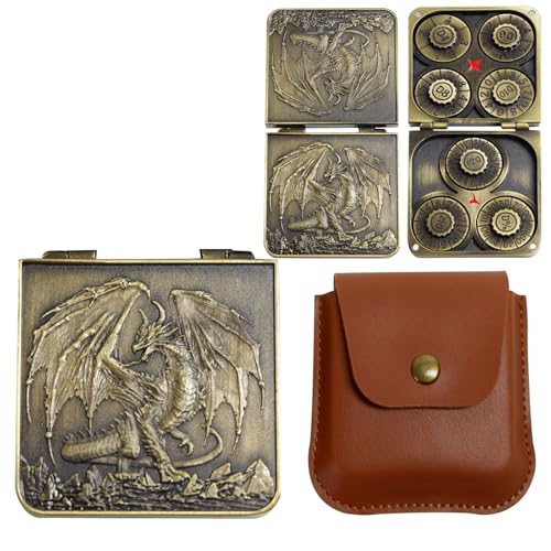 Metal DND Dice Set 7-in-1 D4-D20 3D Dragon Case Leather Bag Gold | 7 in 1 metal polyhedral dice. D4-D20 dnd spinner. 3D dragon case. Leather storage bag. Zinc alloy. DND RPG TTRPG gift. - color: Glod