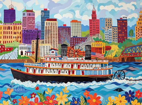 Cross & Glory | Jigsaw Puzzles for Adults | Queen City Paddle Wheel | Landscape Puzzles for Adults | Satin Finish | Ages 14+ - color: Queen City Adventure - River