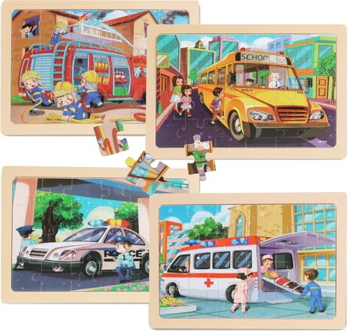 Puzzles for Kids Ages 4-6, 4 Packs 24 Piece Wooden Jigsaw Puzzle for Toddlers 5-8, Preschool Educational Puzzle Boards Toys Gifts for 4 5 6 7 8 Girls Boys - color: School Bus