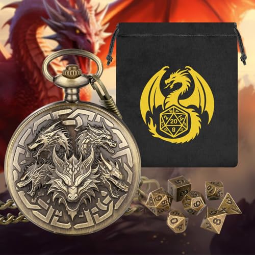 Mini DND Dice Set with Retro Five Dragon Heads Pocket Watch Shell Case, DND Starter Set, 7pcs Polyhedral Mini Metal Dice Set, D&D Gifts with Gift Box, Role Playing Board Game Accessories, Bronze - color: Bronze