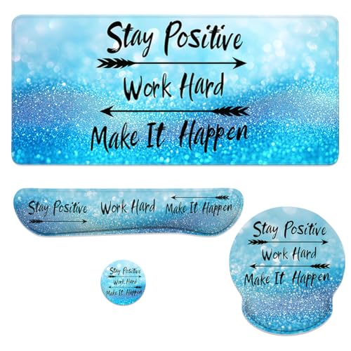 Motivational Quote Mouse Pad Set Stay Positive Work Hard Blue Gaming Mousepad 4in1 Desk Mat for Desktop Anti-Slip XXL Big Computer Ergonomic Mousepad with Wrist Support for Keyboard and Mouse - color: Quote, size: 35.4L x 15.7W inches