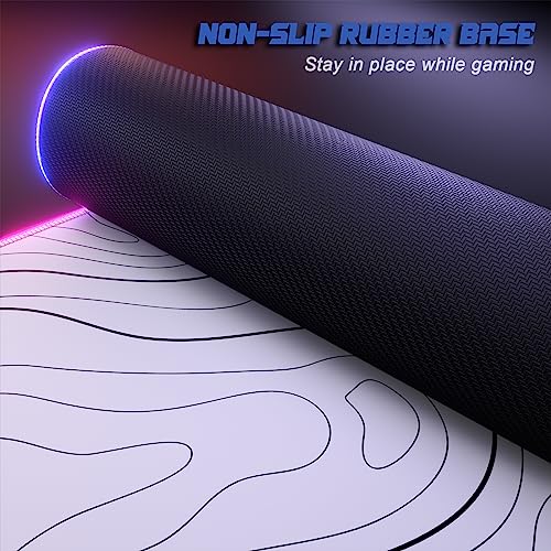 ITNRSIIET RGB Gaming Mouse Pad, Full Desk XL Extended Large Gaming Mousepad, 12 Lighting Modes 30% Thicker Big LED Desk Mat for Gamers, 32 x 12 inches, Topographic Contour White - color: Topographic Contour White