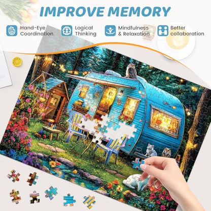 300 Pieces Puzzles for Adults | Camper Cat Jigsaw Puzzles | Large 300 Piece Puzzle for Children Adults Seniors | Sturdy,Safe | Engaging & Educational Toys Great Gift for Boys Girls 20.5 x 15 in - style: Outdoor Camper Cat