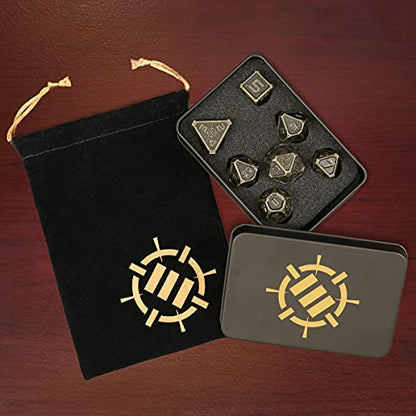 ENHANCE DND Metal Dice Set - 7pc Polyhedral Dice with Storage Case and Drawstring Bag - Solid Metal Set for Dungeons and Dragons, Pathfinder, More RPGs (Ancient Bronze) - color: Ancient Bronze