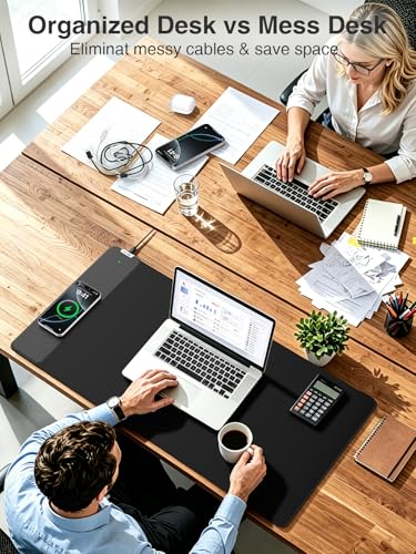 Wireless Charging Mouse Pad, 31.5"x15.8" Large Desk Mat, Smooth Glide | Waterproof Mousepad, Stitched Edge, Non-Slip Rubber Base, Desk Pad Computer Keyboard Mat, No Adapter - color: Black-31.5"x15.8"