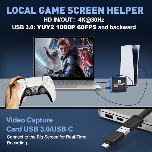 USB Capture Card for Streaming, YUY2 1080P 60FPS for Switch/PS5/Xbox/DSLR | 4K HDMI Pass-Through, 3.5mm Mic-in, Plug & Play No Drivers, for OBS Twitch YouTube, Windows/Mac Compatible - color: Blue