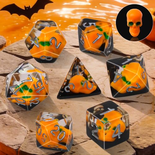 Halloween Pumpkin Theme DND Dice Set, 7 Pieces Polyhedral Resin Dice with Metal Storage Box, Orange and Black