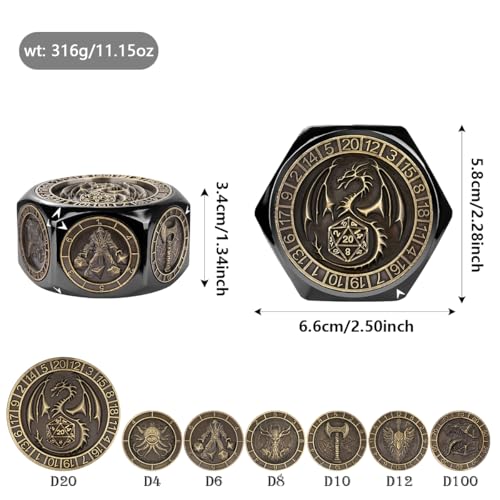 DND Spinner Dice 8-in-1 Metal Dice Set, D&D Polyhedral Game Dice | 3D Hexagon Relief Design, D&D Spinner Dice, DND Gifts, MTG, Role Playing Board Game Accessories, with Gift Box, Black - color: Black